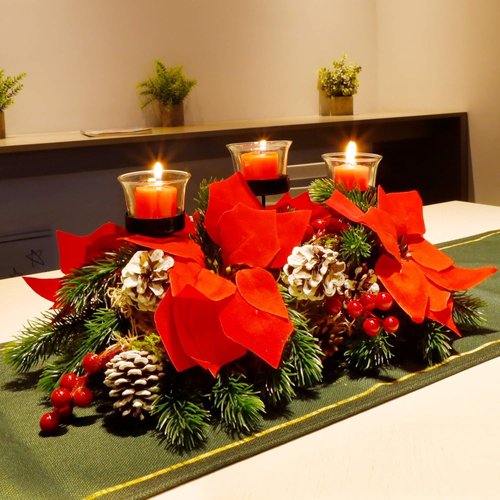 FORUP Christmas Centerpiece - Elegant Poinsettia Tabletop Decor with 3 Candle Holders for Holiday Celebrations