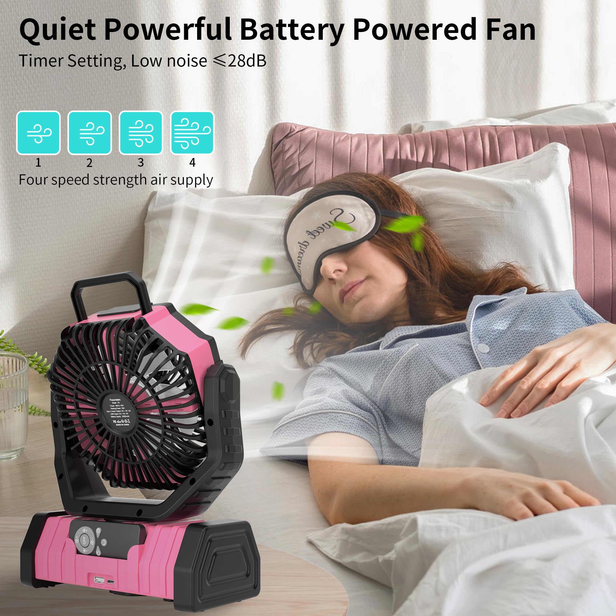TDLOL 20000mAh Camping Fan Battery Operated Fans Portable,Portable Rechargeable Battery Powered Fan with LED Light,360°Oscillating & 8H Timer Camping Essentials Fans with Hook pink fan