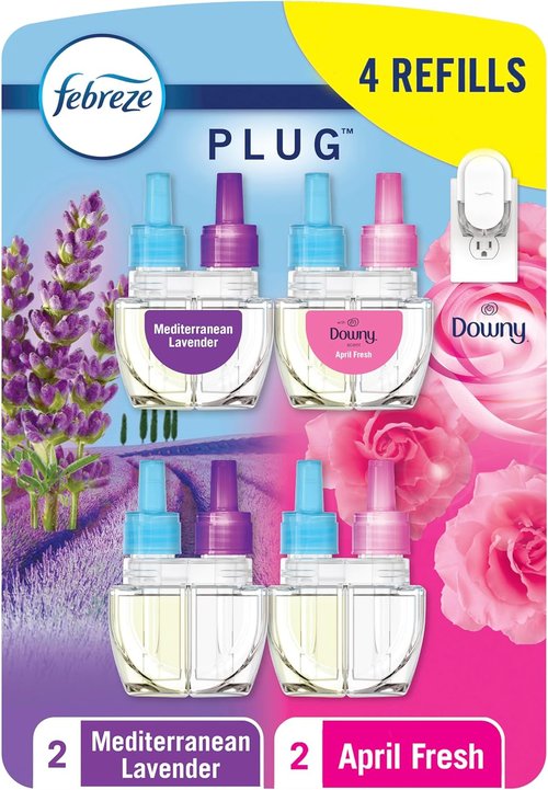 Febreze Odor-Fighting PLUG Air Freshener Refills - Downy April Fresh & Mediterranean Lavender, 4-Pack