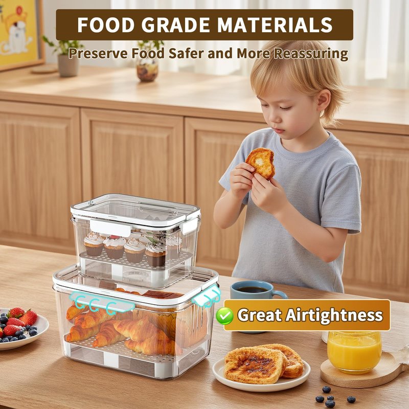 SISAYWEY Bread Box for Kitchen Countertop: 2 Pack Airtight Breadbox Food Storage Container, Portable Large Plastic Clear Container with Lid for Homemade Bread, Toast, Bagel, Donut, Cookies and Fruits
