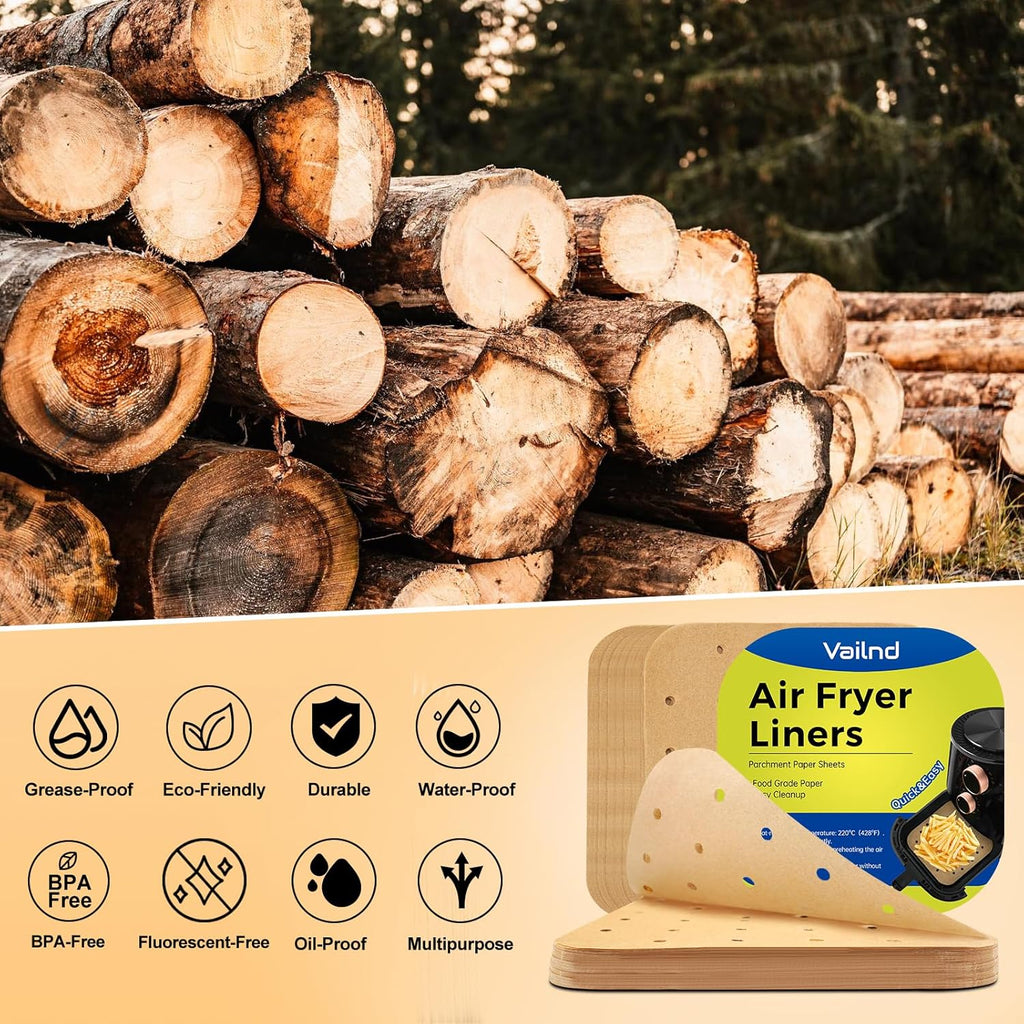 Vailnd Air Fryer Liners - Disposable Unbleached Parchment Paper Sheets | 100 Pcs, 8.5 In Square for 5-8 Qt Air Fryers