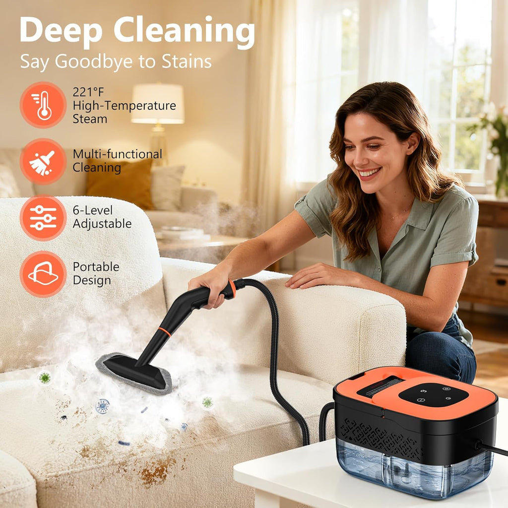 Skiennix Portable Steam Cleaner - Handheld Steamer with 16 Accessories, 6-Level Adjustable, 15s Heat-Up, Ideal for Home & Car Detailing - Orange
