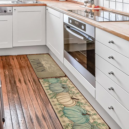 Hello Pumpkin Fall Kitchen Rugs Set of 2, Thanksgiving Farmhouse Style Kitchen Decoration Mats Cushioned Anti Fatigue Non-Slip Washable Floor Mat 17x29 and 17x47 Inch DM170