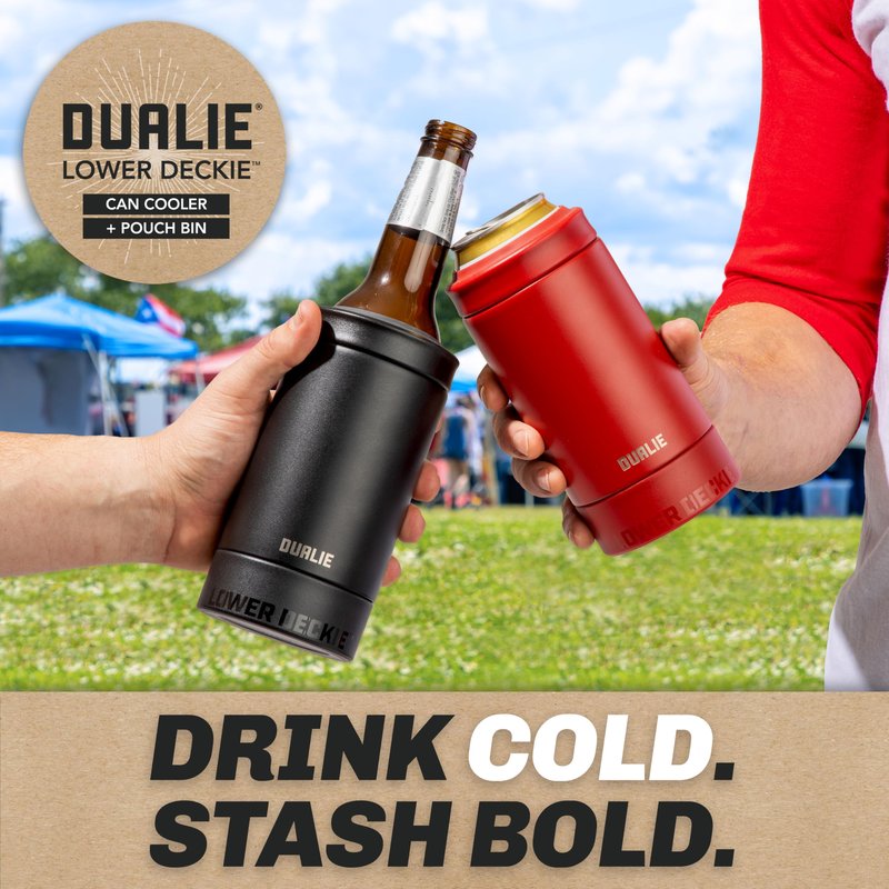 DUALIE Lower Deckie - Insulated 12 oz Can Cooler with Pouch Container - Universal Drink Holder with Built-in Pouch Bin - Black