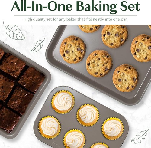 Goodful Nonstick Bakeware Set - 8-Piece Stackable & Space-Saving Design | Round, Square, Muffin Pans, Linen