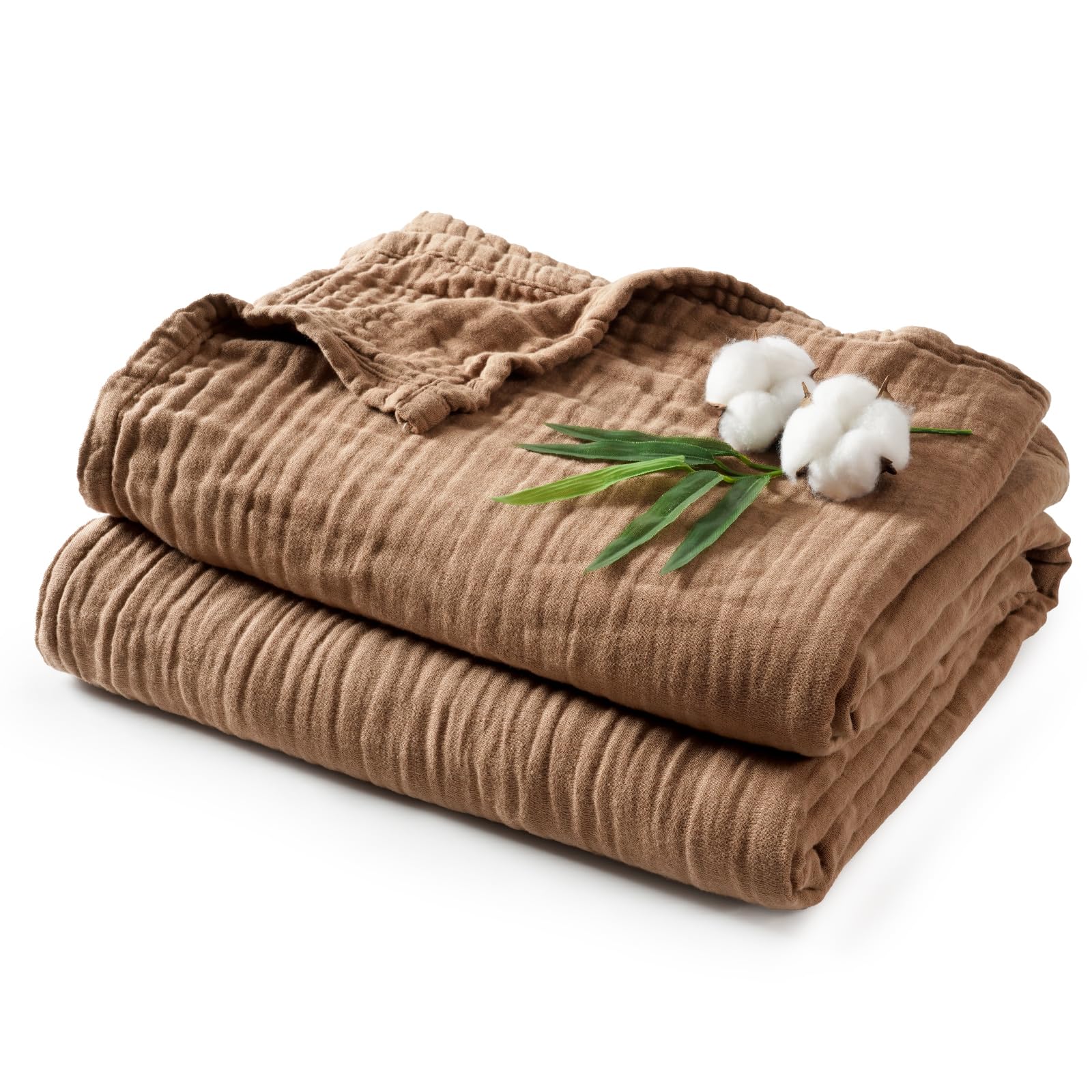 PHF Cooling Muslin Queen Blanket for Hot Sleepers, 60% Rayon Derived from Bamboo, 40% Cotton for Summer, 4-Layer Breathable Gauze Blanket for Bed Couch, 90"x90", Brown