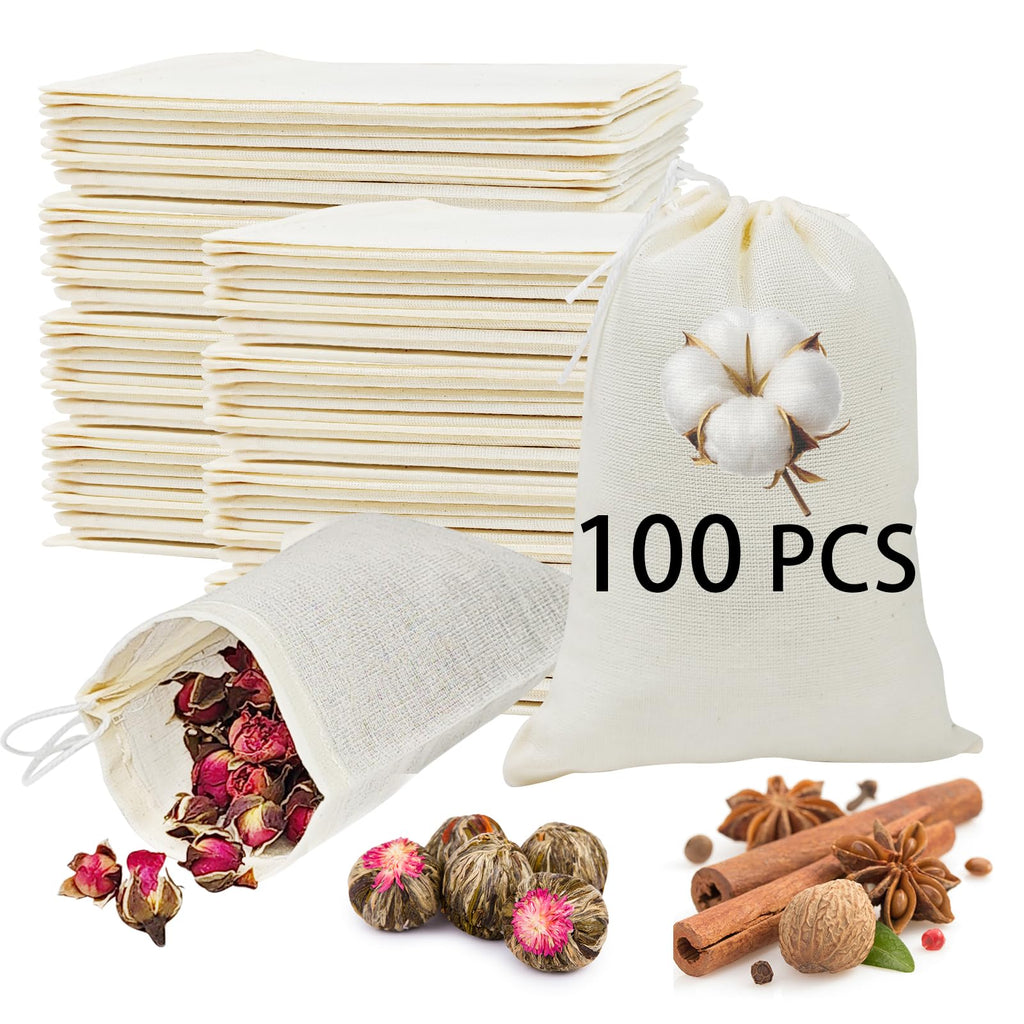 ARKBAODAN 100PCS 3x4 Small Muslin Cloth Bags with Drawstrings - Reusable Empty Spice & Herb Bags for Cooking, Potpourri, cloth tea bags, cloth bags bulk