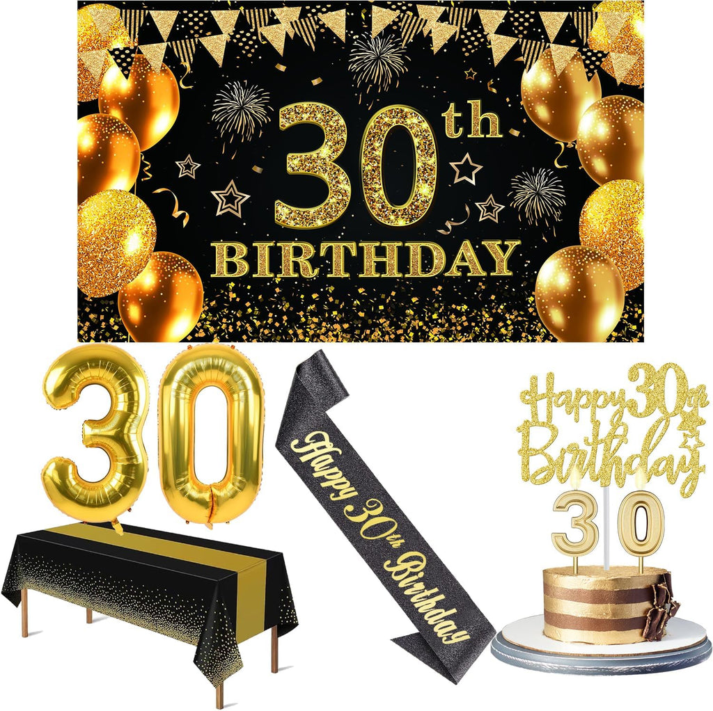Regine Switzerland 30th Birthday Decorations - Black & Gold Banner, Table Cloth, Balloons & Cake Topper