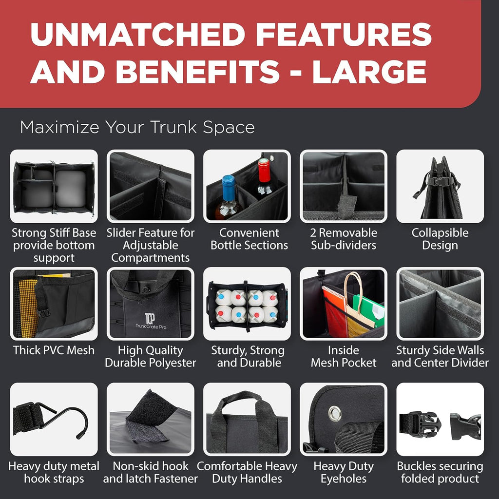 TRUNKCRATEPRO Car Trunk Organizer - Premium Adjustable Multi-Compartment Design | Large Black with Non-Slip Bottom