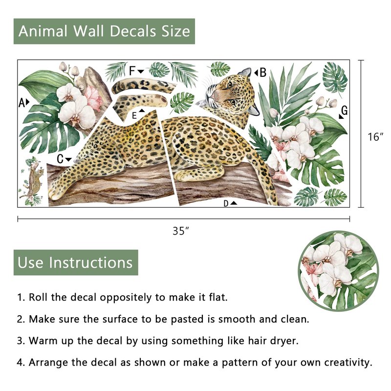Yovkky Cheetah Leopard Wall Decals Stickers, Safari Jaguar Trunk Palm Leaves Home Bedroom Decor, Wild Jungle African Animal Tropical Flower Living Room Kitchen Decorations Art