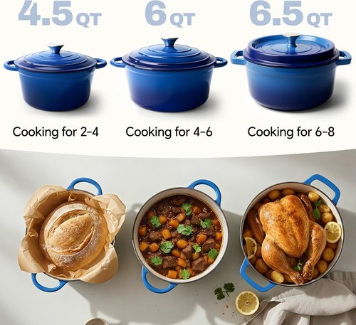 6 Quart Enameled Cast Iron Dutch Oven by [Brand Name] - Non-Stick, Heavy-Duty, Oven Safe Up to 500°F | Ideal for Baking, Braising, Stews, Roasting - Blue
