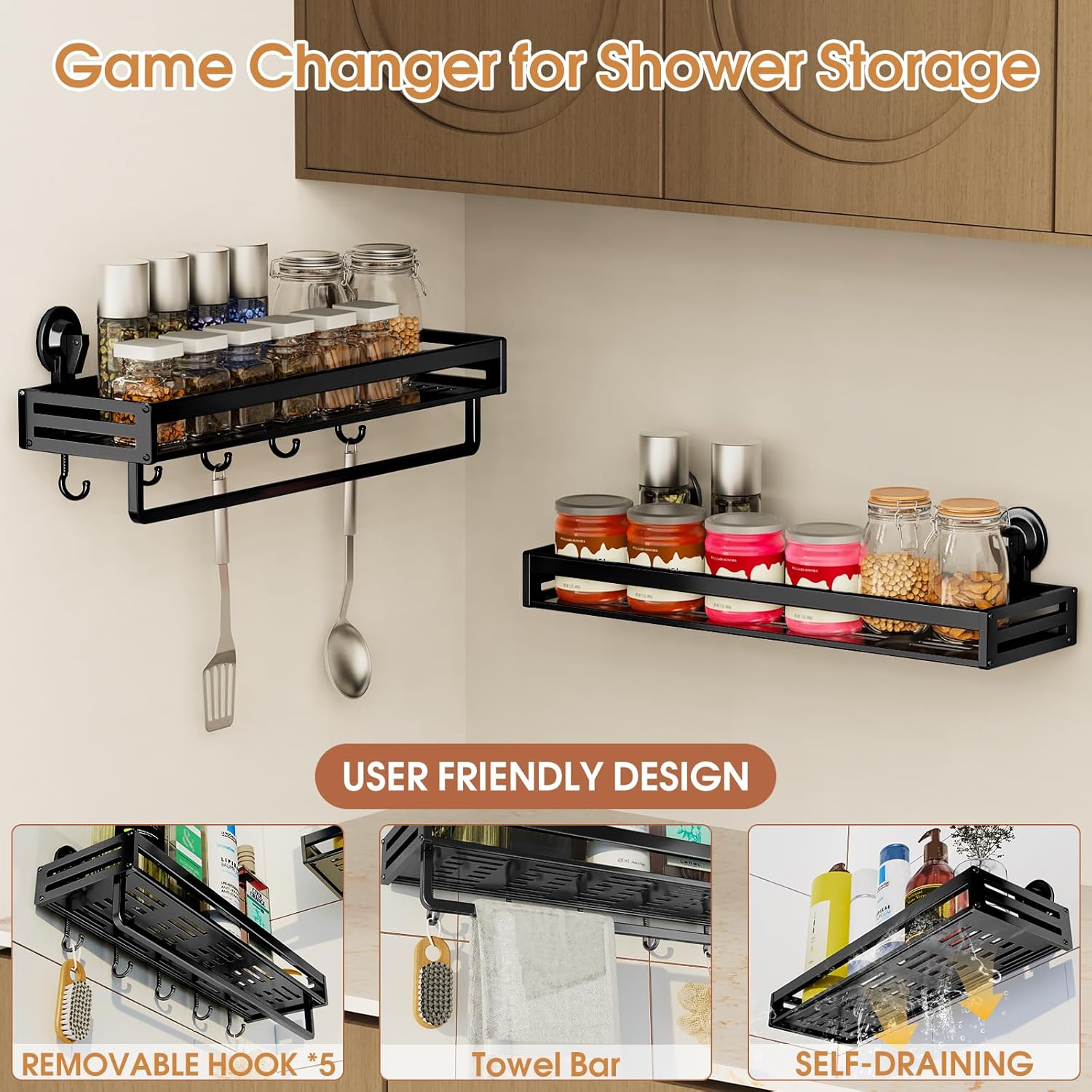Skiennix Shower Caddy - 15.7 Inch Suction Cup Bathroom Organizer | Rustproof Black Shelf with Hooks & 2 Extra Suction Cups
