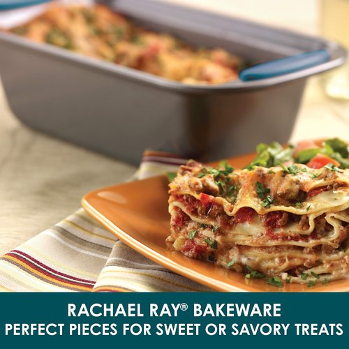 Rachael Ray Bakeware Nonstick Cookie Pan Set, 3-Piece, Gray with Marine Blue Grips & Yum-o! Bakeware Oven Lovin' Nonstick Loaf Pan, 9-Inch by 5-Inch Steel Pan, Gray with Marine Blue Handles