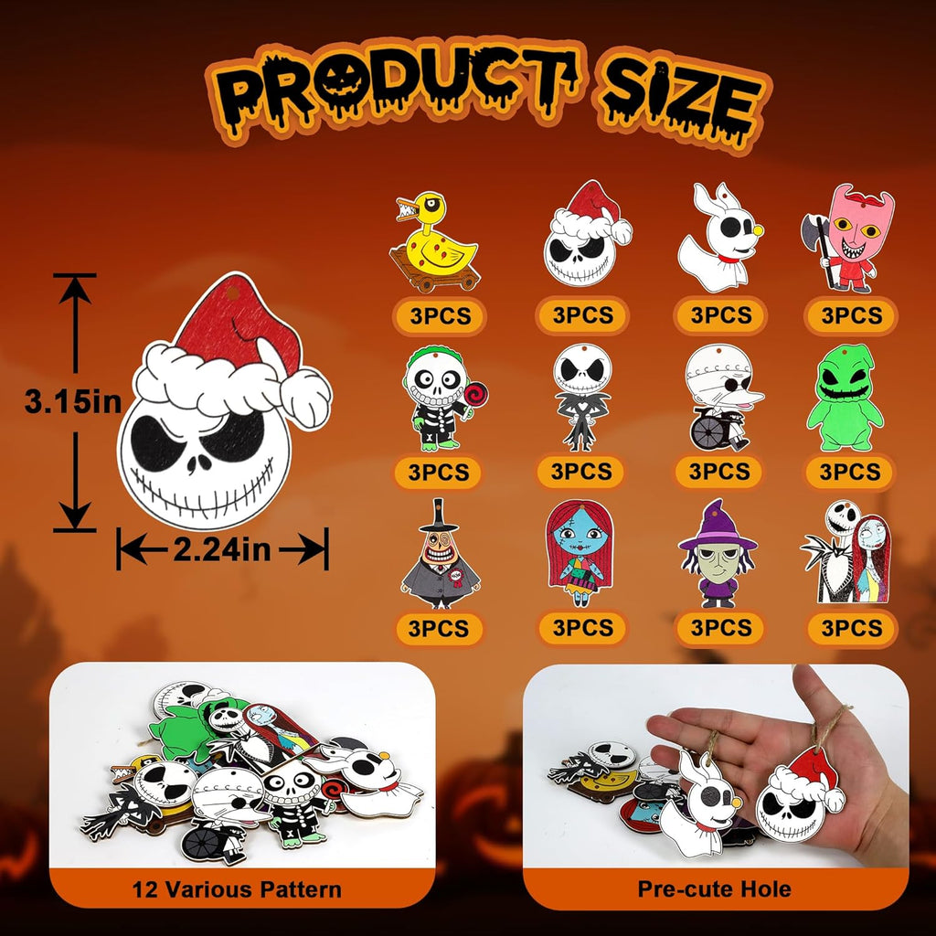 Skiennix 36 PCS Halloween & Christmas Nightmare Ornaments - Wooden Hanging Decorations for Indoor Party Decor