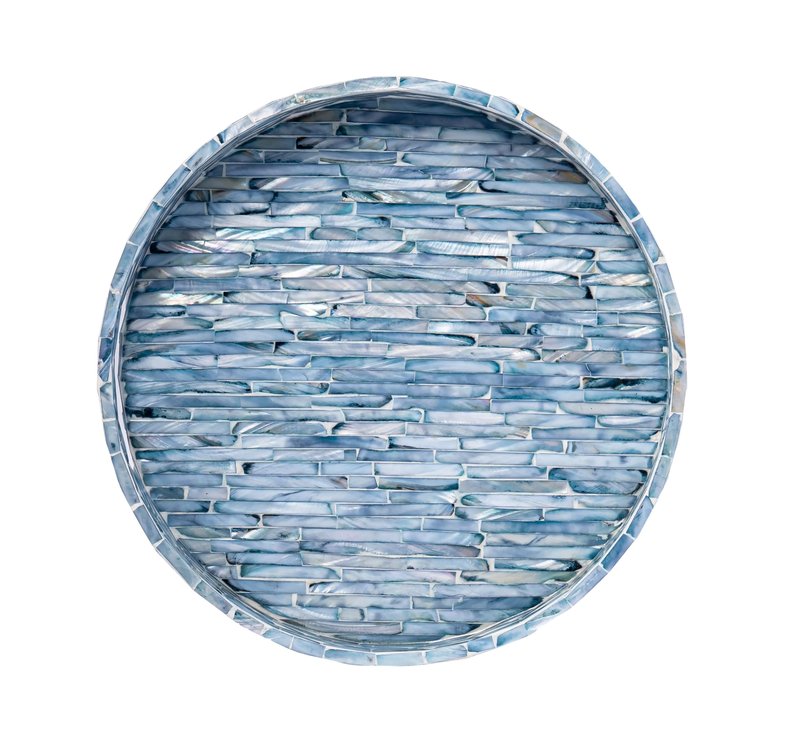 PEMAR 12.6” Mother of Pearl Round Serving Tray with Handles, Decorative Nacred Wooden Ottoman Coffee Table Tray for Dining, Party, Dinner, Breakfast in Bed (Brown Floral Pattern)