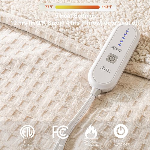 Dowin Heated Blanket Electric Blanket - Throw Size Waffle Fleece Heating Warming Blankets with Auto Shut Off for Couch Office Chair Bed Adults Fuzzy Cozy Machine Washable 50x60 Khaki