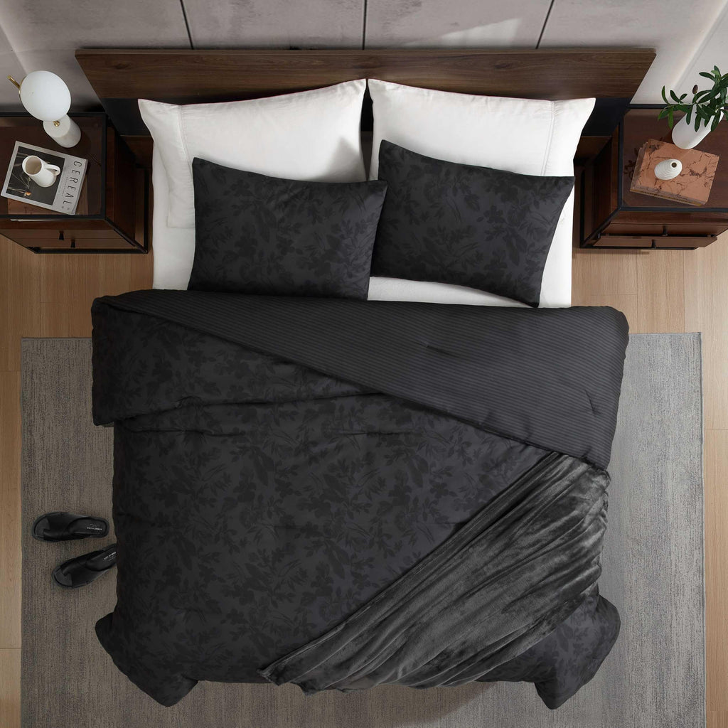 Kenneth Cole - King Comforter Set, Super Soft Bedding with Matching Shams & Bonus Throw, Floral Home Decor, Oeko-Tex Certified (Silhouette Floral Black, King)