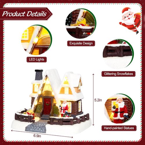 LED Lighted Village House - 6.9 Inch Triangular Christmas Decoration with Santa Claus Statue | Holiday Home Decor
