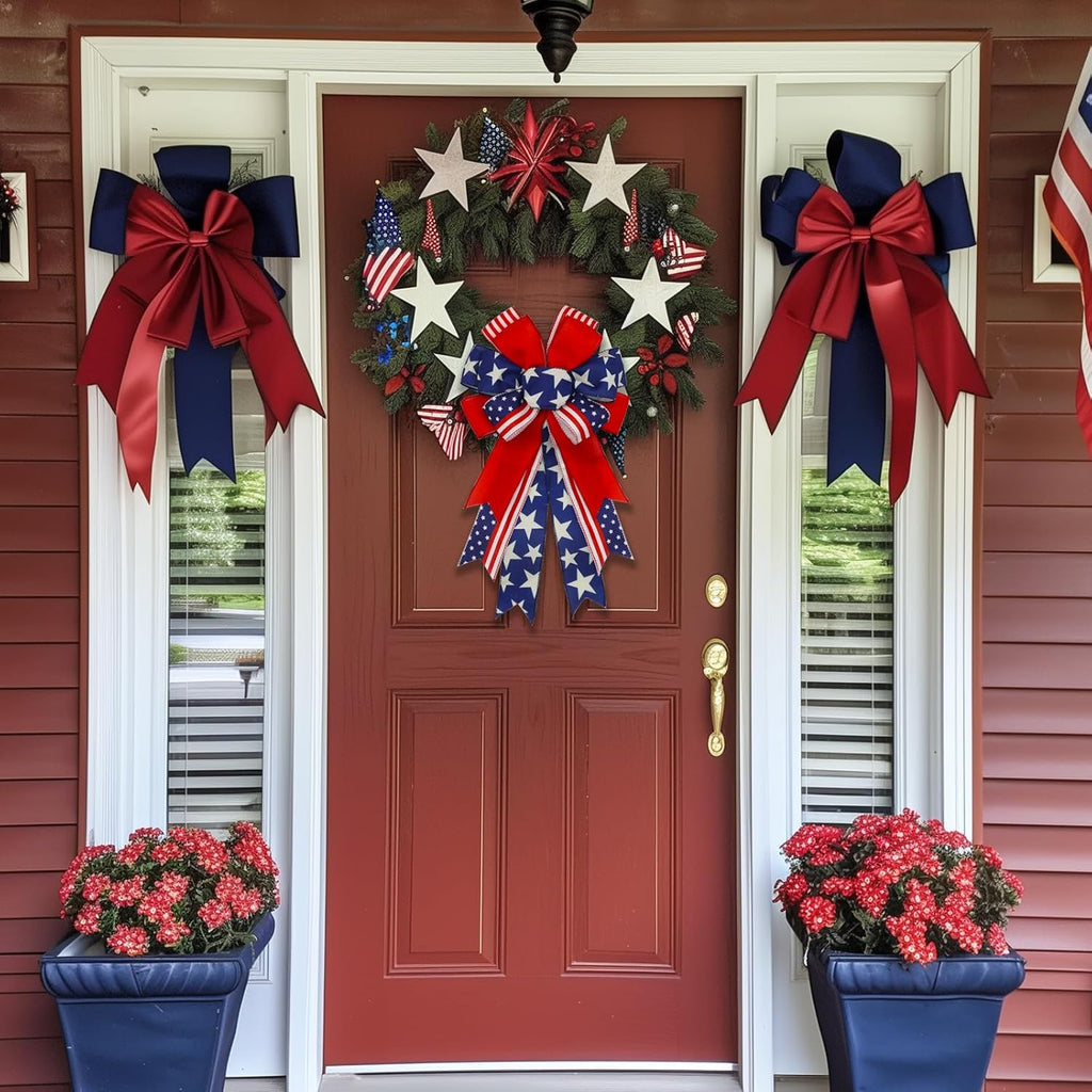 Skiennix Large Patriotic 4th of July Bows - Pre-Tied Wired Ribbon Bows, 20x11 Inch, 2 Pack for Outdoor Decor