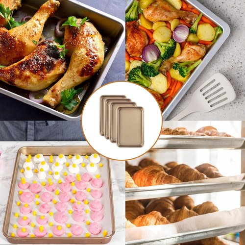 Acrux7 Nonstick 9x13 Baking Pan Set - 4 Pack Carbon Steel Quarter Sheet Trays in Gold