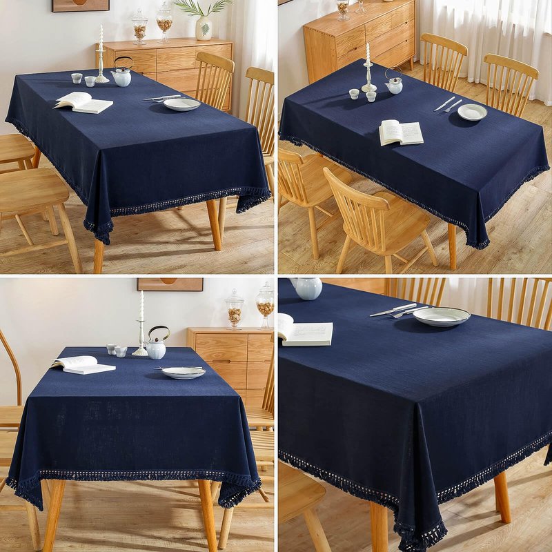 AmHoo Linen Tablecloth Table Cloth Stitching Tassel Rectangle Decorative Natural Table Cover for Kitchen Dinning Wedding Buffet 55 x 102 Inch Navy Blue