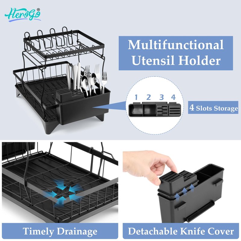 Herogo 2 Tiers Dish Drying Racks, Dish Drainers Racks with Drain Board for Kitchen Counter, Large Kitchenware Organizers with Utensil Cup Cutting Board Holder & Rotatable Spout, Detachable, Black