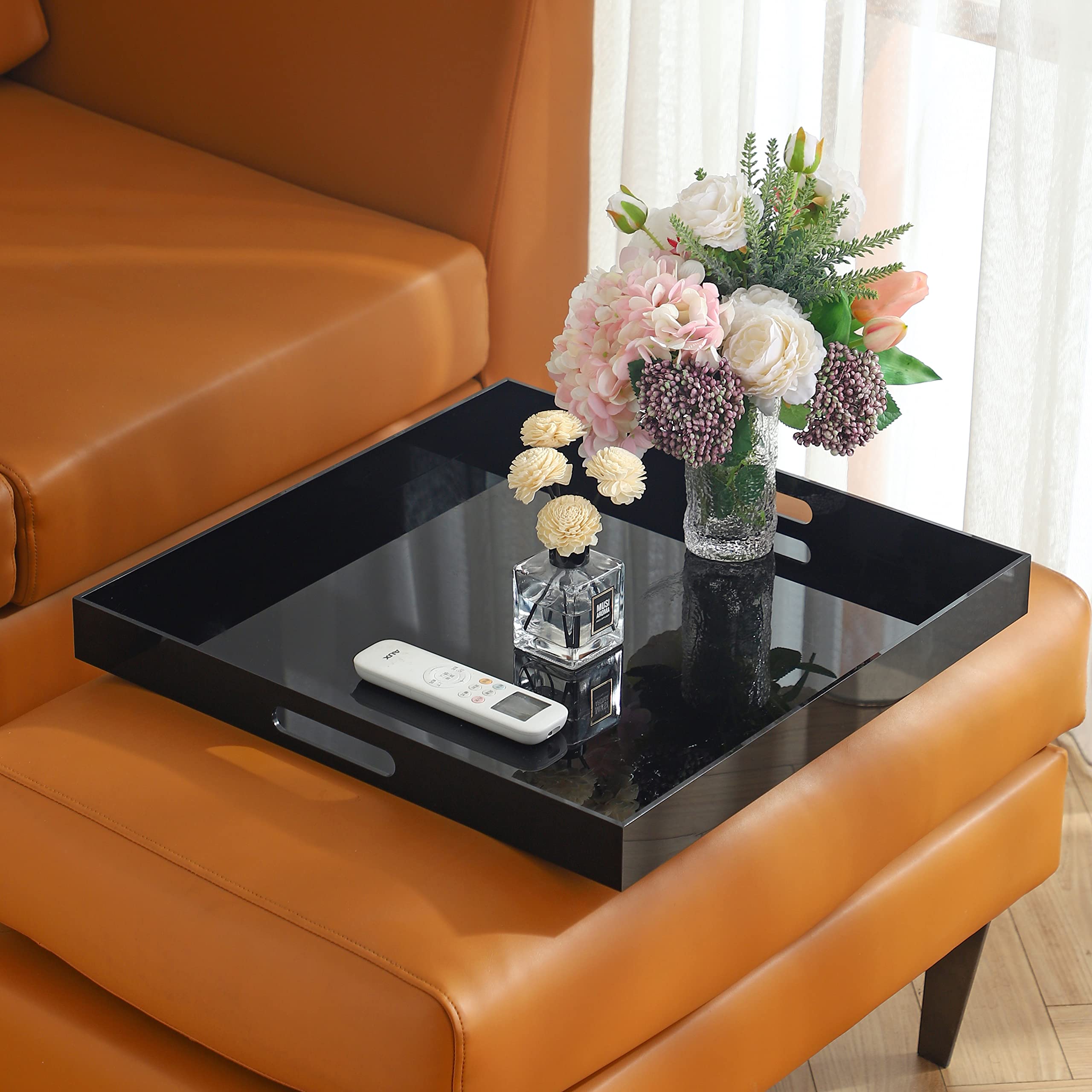 MUKEEN Black Oversize Acrylic Serving Tray with Handles 20x20 Inch -Spill Proof- Decorative Trays Countertop Organizer for Ottoman,Nightstand, Sidetable, Butler (20x20 Inch, Black)