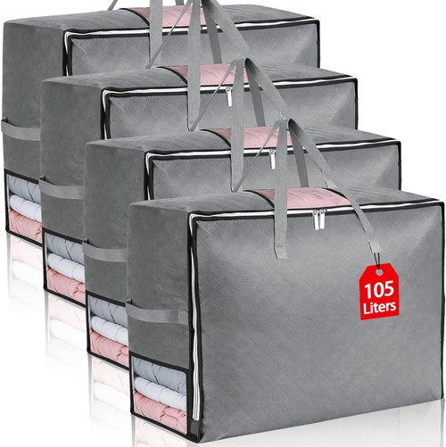 4 Pack Comforter Storage Bags by [Brand Name] - Extra Large Foldable Bedding Organizers with 4 Handles & 3 Clear Windows | Grey