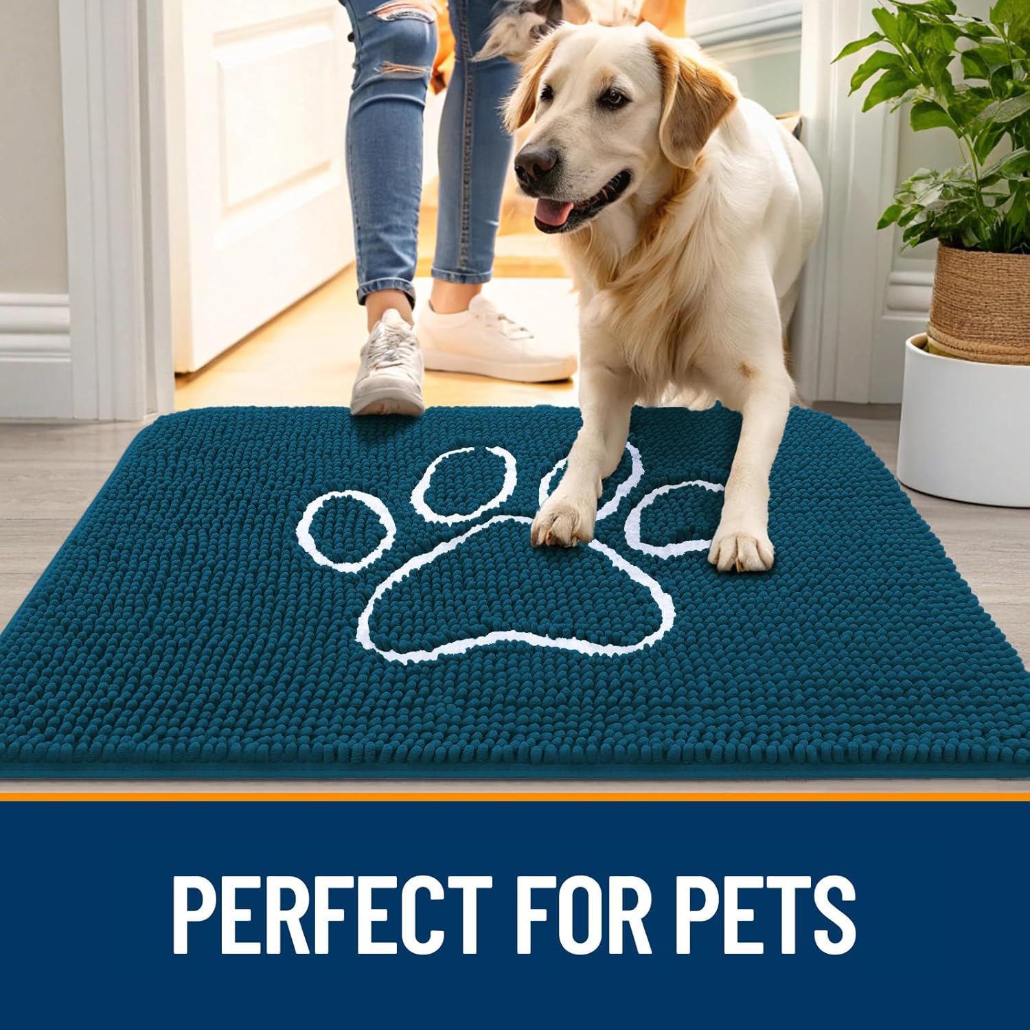 OLANLY Dog Door Mat - Absorbent Non-Slip Muddy Paws Doormat | Quick Dry Chenille, 35x24, Atlantic Blue