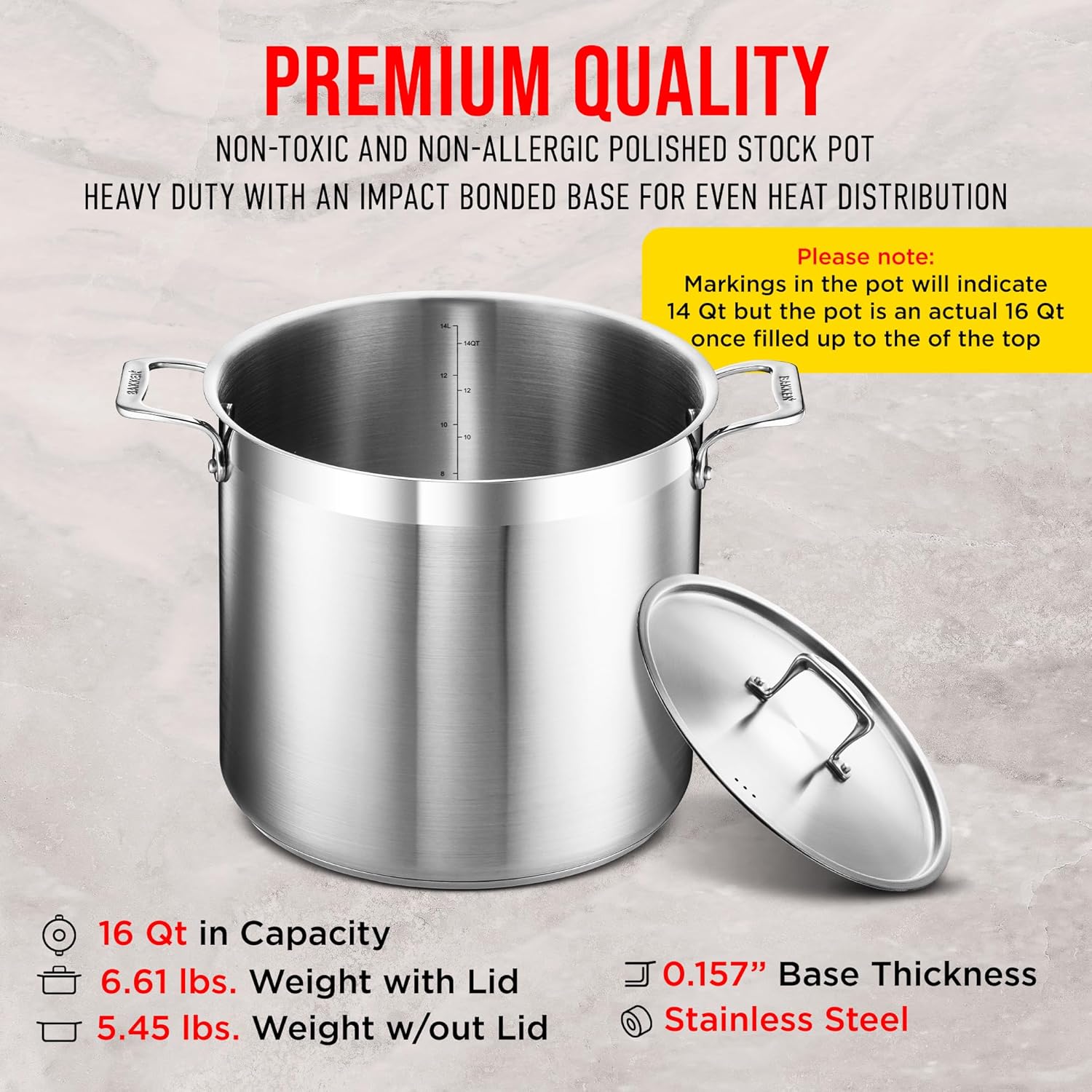 Stainless Steel Stockpot by [Brand Name] - 16 Quart Capacity, Durable 18/8 Steel, Even Heating, Oven Safe Up to 500°F