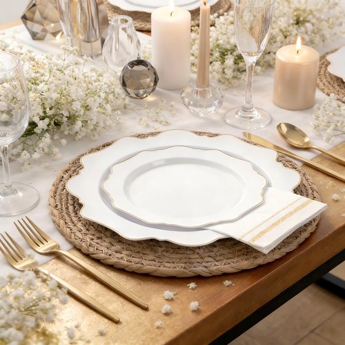 WDF 350PCS White and Gold Plastic Plates - Gold Plates Disposable 50Guest Plastic Dinnerware Ideal for Party/Wedding/Birthday/Ramadan/Easter