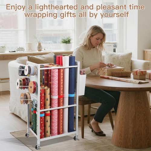 Essenhome Adjustable Wrapping Paper Organizer Cart With 12Pcs Slap Bands, Rolling Wrapping Paper Storage,Gift Wrap, Blueprint Storage, Craft Organizers