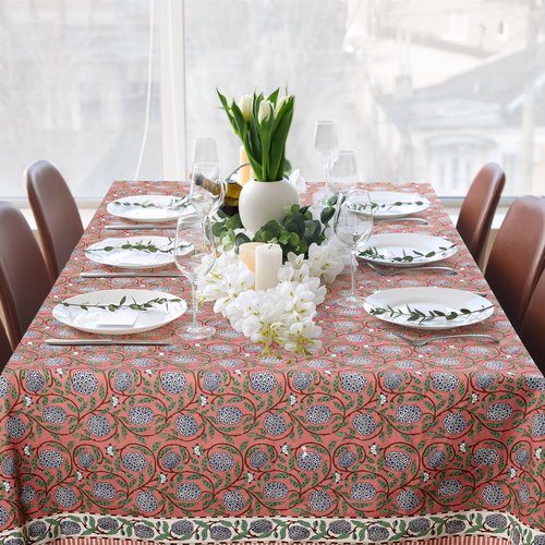 Newtay 60'' x 90'' Cotton Tablecloth Handmade Cotton Floral Tablecloth Washable Print Rectangle Table Cover with Dust Proof Wrinkle Resistant for Kitchen Dining Party Buffet (Pink,Dark Salmon)