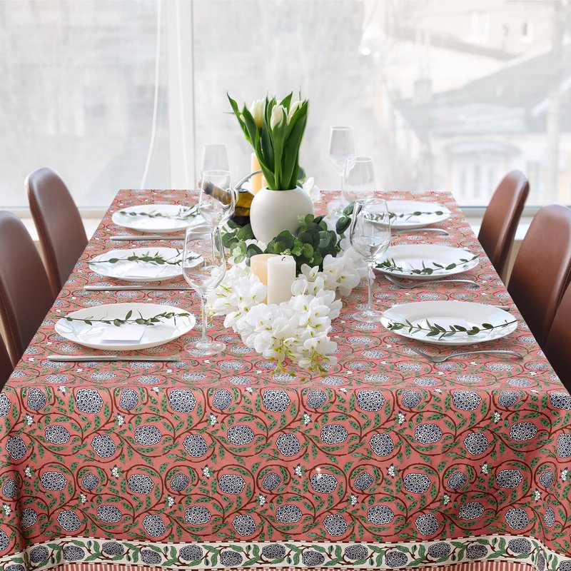 Newtay 60'' x 90'' Hand Block Print Mahjong Table Cloth Square Cotton Floral Tablecloth Washable Print Rectangle Table Cover with Dust Proof for Kitchen Dining Party(60'' X 90'',Dark Salmon,Pink)
