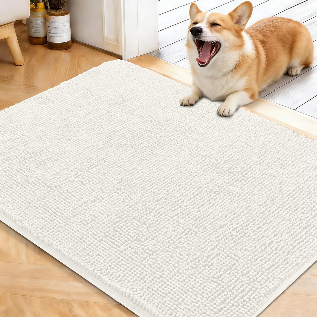 OLANLY Dog Door Mat - Absorbent Non-Slip Chenille Mat for Muddy Paws | 40x32, Quick Dry, Ivory