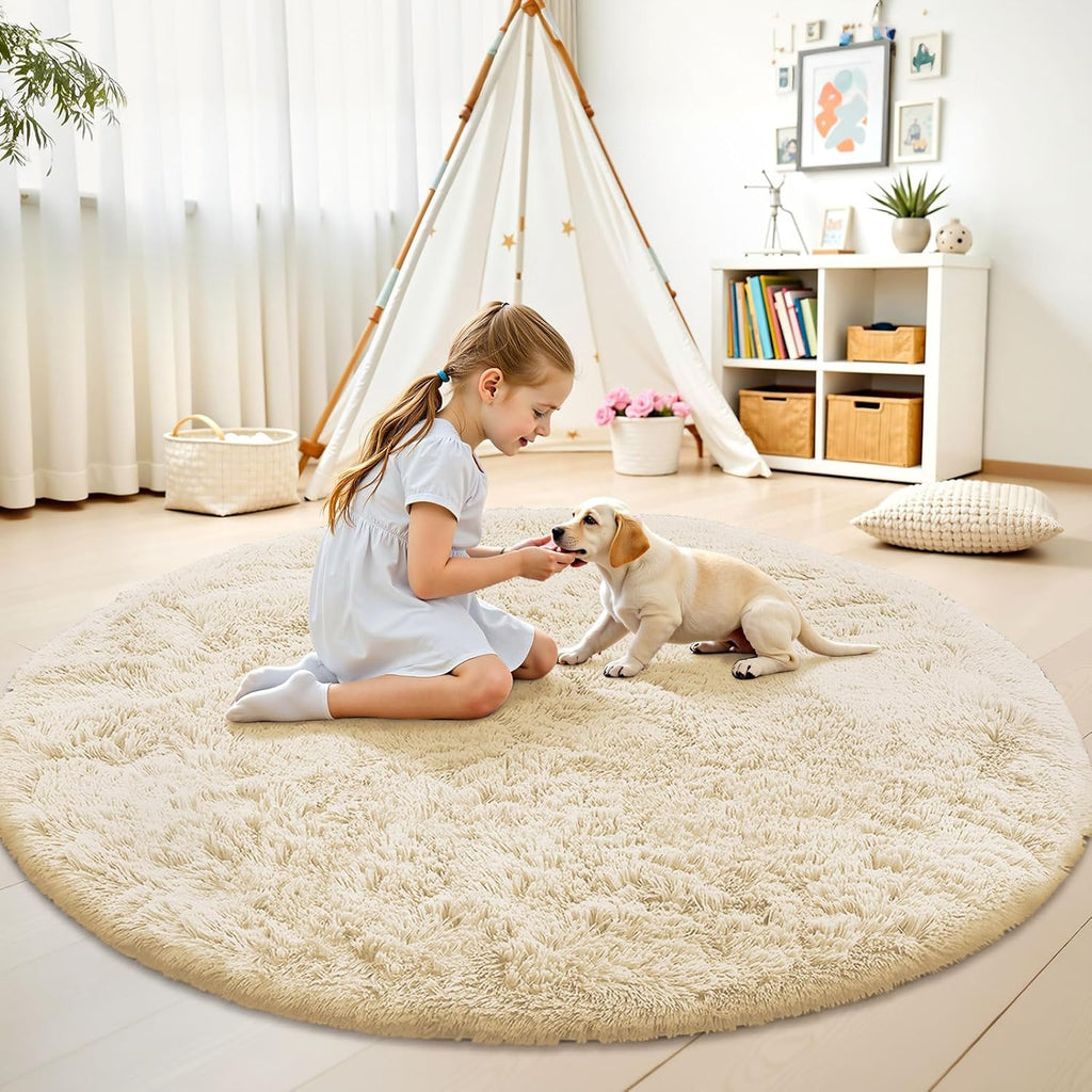 OLANLY Cream Round Area Rug - Soft, Fluffy, Machine Washable 6 ft Circle Carpet for Bedrooms & Nurseries