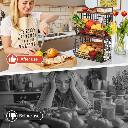 2 Pack Fruit Bowl Hanging Fruit Basket for Kitchen Counter,Stackable Wire Baskets for Onion Storage and Potato Storage with Wood Lid,Vegetable Fruit Basket with Banana Hooks