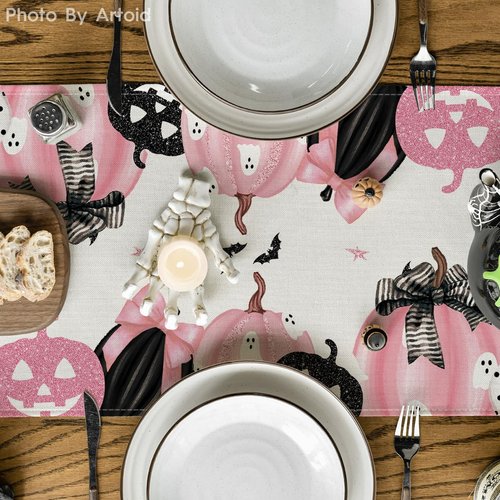 Artoid Mode Pink Jack-O-Lantern Pumpkin Bat Halloween Table Runner, Holiday Kitchen Dining Table Decoration for Indoor Outdoor Home Party Decor 13x120 Inch