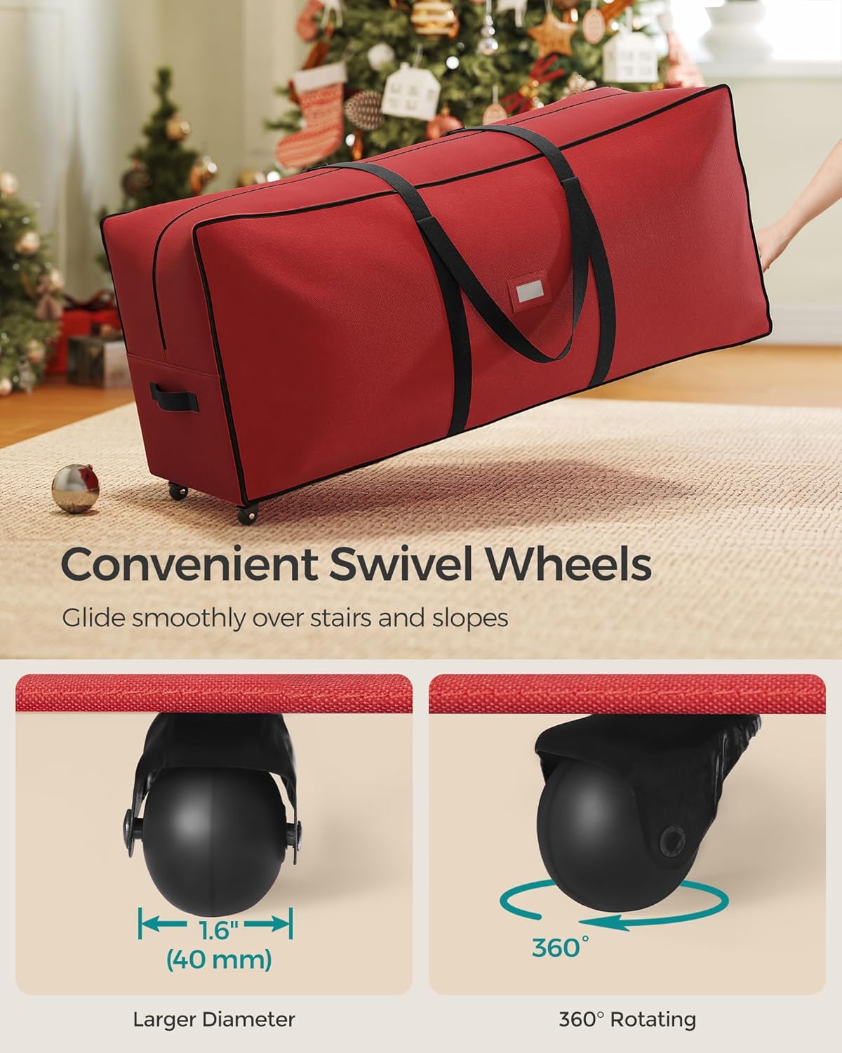 SONGMICS Christmas Tree Storage Bag - Rolling Design with 1.6-Inch Wheels, Adjustable Handles, 7.5 ft, Cherry Red