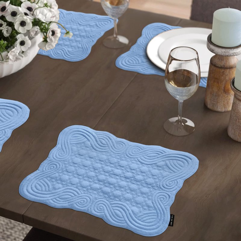 Loom and Mill Quilted Table Placemats Set of 6, Natural Fabric Farmhouse Style Dining Table Mats, Double Layer & Washable for Kitchen Dinner Party Holidays All Season Everyday Use(12"x18", Blue)
