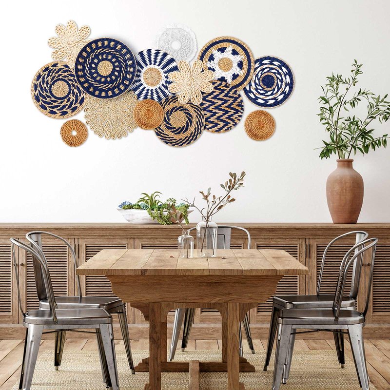 Xuhal 15 Pcs Boho Wall Basket Decor Handcrafted Seagrass Woven Wall Basket Rustic Round Woven Hanging Art for Home Farmhouse Kitchen Table Living Room(Blue Classic Style)