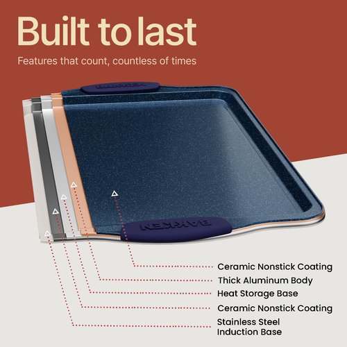 BAKKEN Kitchen Baking Pan Set - Nonstick Coating, Carbon Steel Bakeware Sets with Blue Silicone Handles, Baking Kitchen Essentials, PFOA, PFOS, PTFE Free, Oven Safe Tray (Up To 450° F), Set of 3