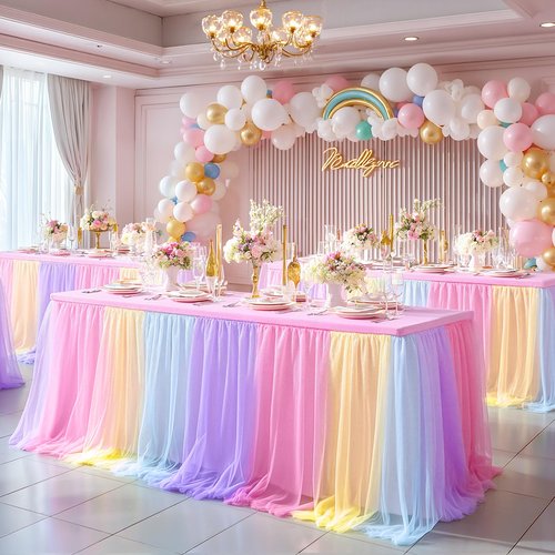 Wish Care Rainbow Tulle Tablecloth for 6 Foot Rectangle Tables Double Layer Tulle Tutu Desk Skirt Unicorn Ruffle Pastel Table Cloth Stretch Fitted Table Covers for Girls Birthday Baby Shower Party