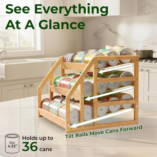 HOMESTEAD Bamboo Can Organizer for Pantry - 3 Tier Rack with Adjustable Dividers, Gravity Feed Canned Goods Organizer, 36 Cans Soda Storage