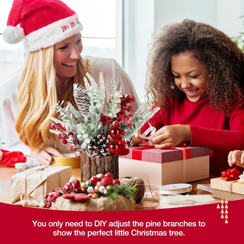 Hatisan Small Christmas Tree - Tabletop Artificial Pine Cone & Berry Ornaments | 2 Pack Red-Round for Holiday Decor