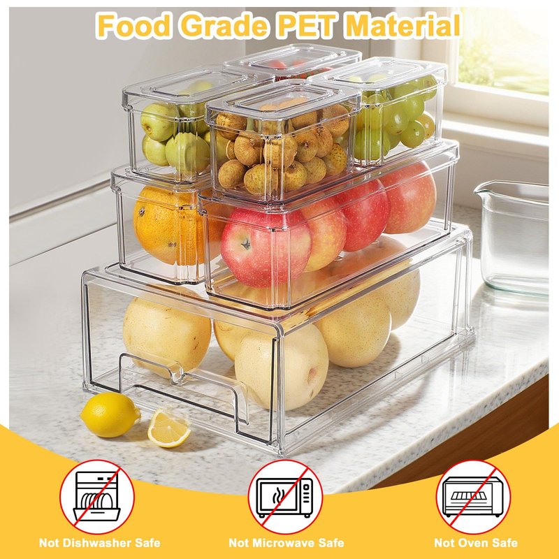 YINGRACE 7 Pack Fridge Organizer Bins, Stackable Refrigerator Organizers and Storage, With a Pull-out Drawer, BPA-Free Clear Containers For Fruit, Vegetable, Drinks