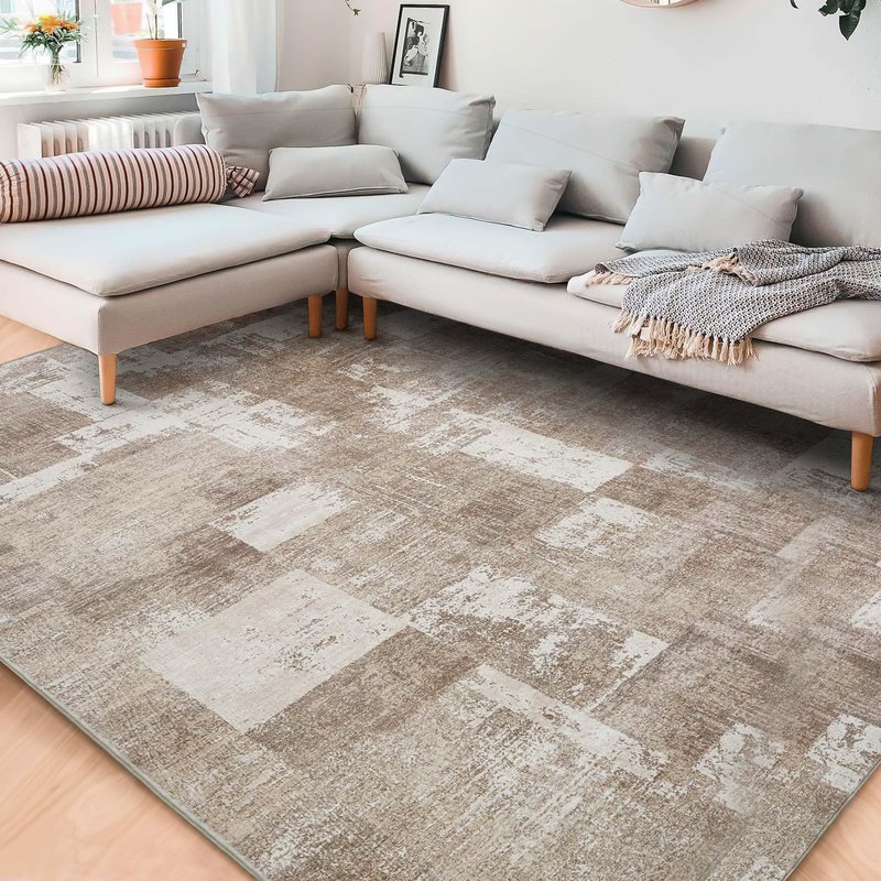 Area Rug Living Room Rugs 8x10 Washable: Indoor Soft Low Shaggy Fluffy Pile Carpet Abstract Decor Large for Bedroom Dining Room Under Kitchen Table Home Office - Beige/Ivory