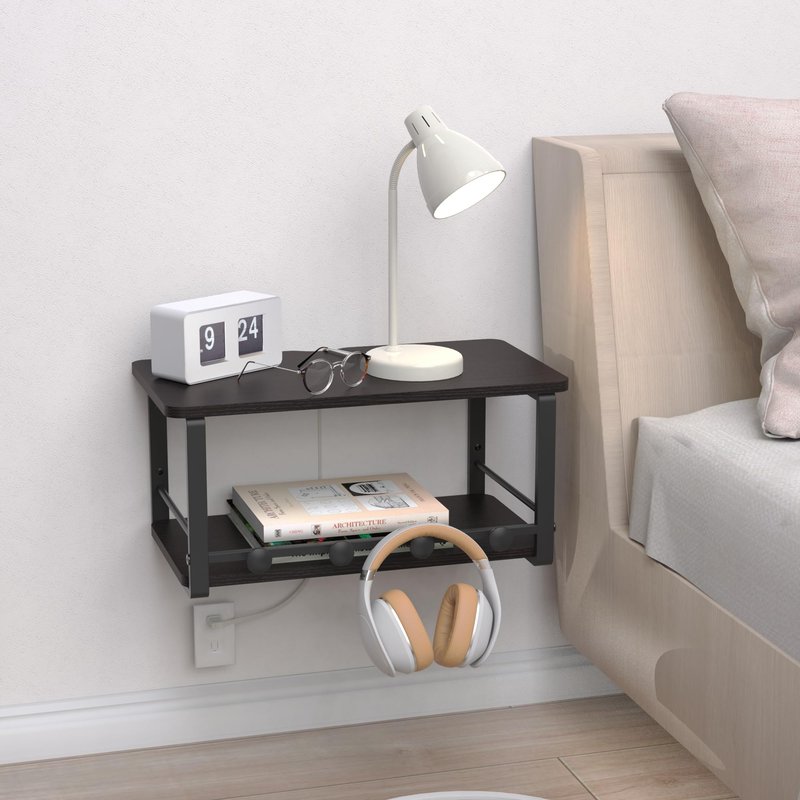 ANYHI Wall Mounted Floating Nightstand, Double Floating Bedside Table, Wood Bedside Shelf with 4 Hooks, Hanging Night Stand for Bedroom, Living Room, Bathroom, Kitchen, Office