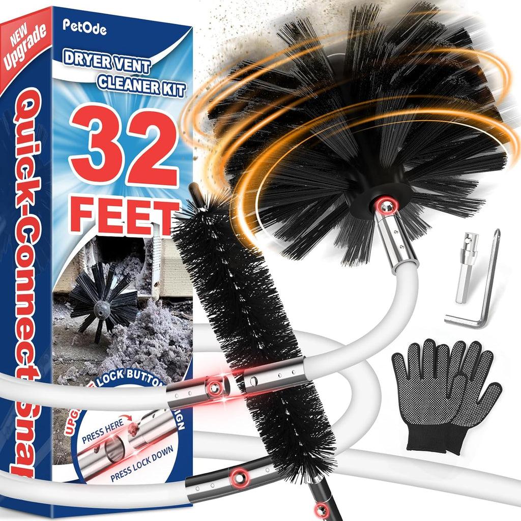 PetOde Dryer Vent Cleaner Kit - Universal Vacuum Hose Attachment & Lint Brush for Quick Cleaning