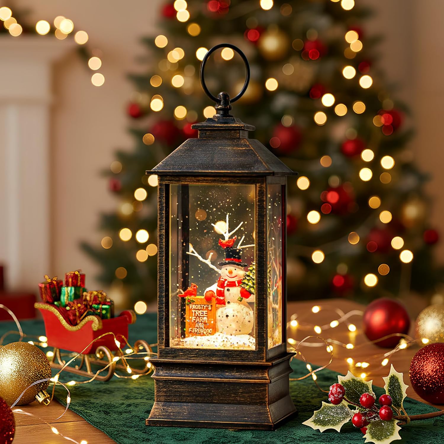 Skiennix Christmas Snow Globe Lantern - Musical Snowman & Tree Scene | Lighted USB/Battery Operated